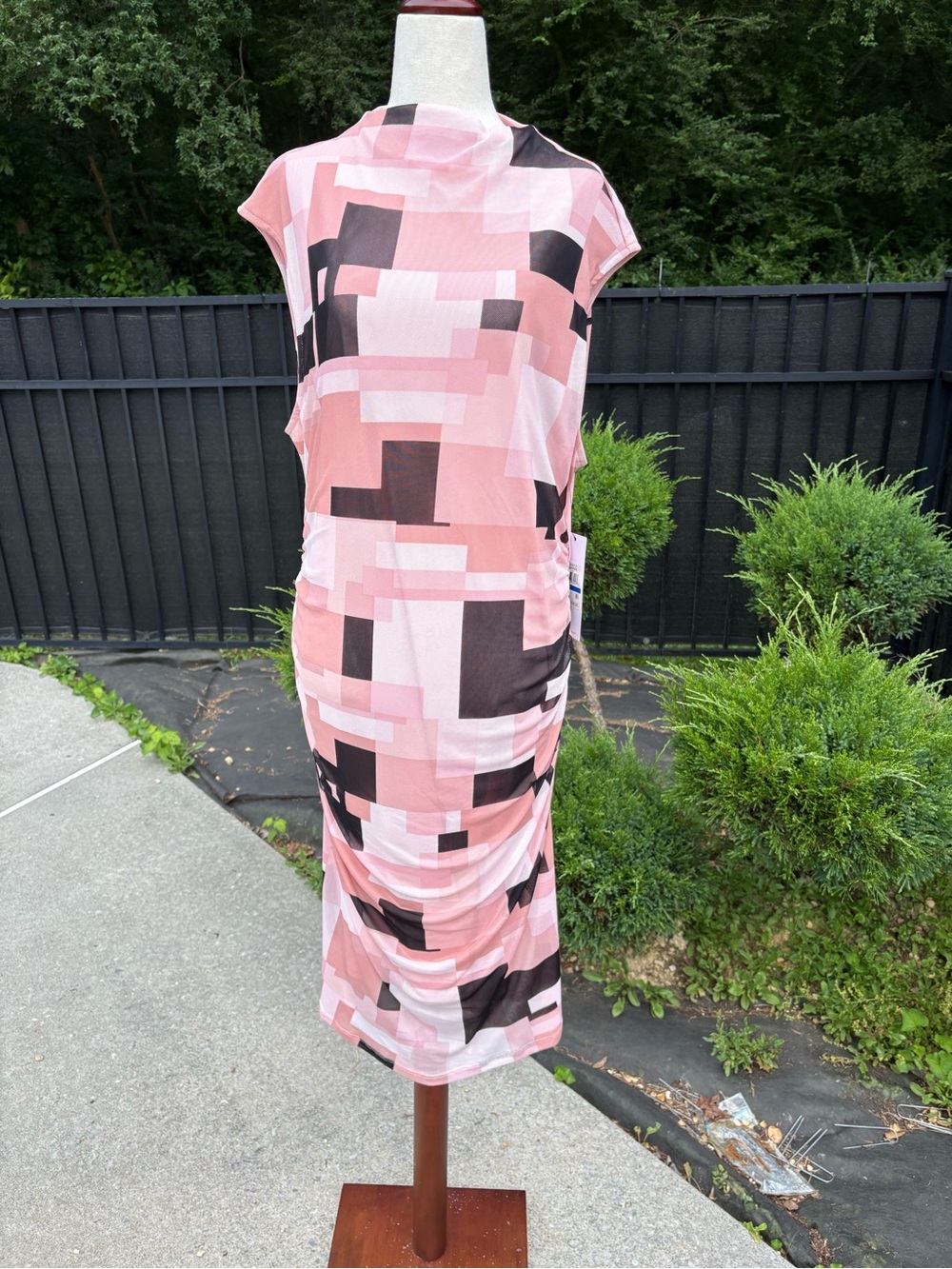 Calvin Klein Printed Mesh Ruched Sheath Dress - Desert Rose/Black. NWT